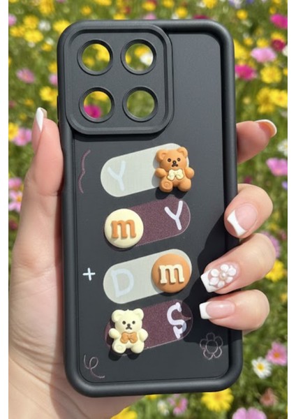 Realme 11 Uyumlu Kılıf Siyah Renk Ayıcık Figürlü 3D Kamera Korumalı Darbe Emici Yumuşak Silikon Kapak