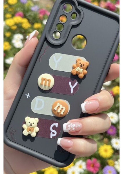 Realme 5 Uyumlu Kılıf Siyah Renk Ayıcık Figürlü 3D Kamera Korumalı Darbe Emici Yumuşak Silikon Kapak