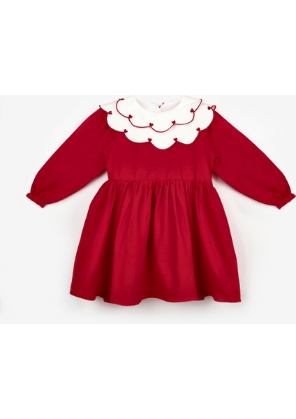 Kırmızı Kalp Desenli Yakalı Kız Çocuk Keten Elbise - Vivienne