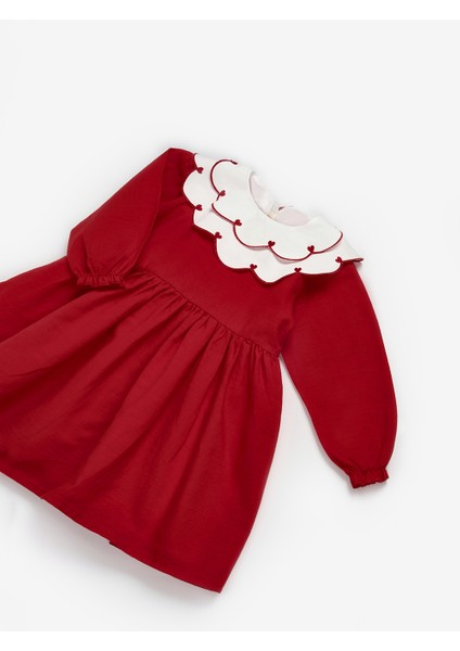 Kırmızı Kalp Desenli Yakalı Kız Çocuk Keten Elbise - Vivienne modelleri