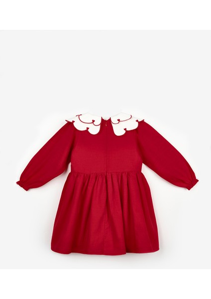 Kırmızı Kalp Desenli Yakalı Kız Çocuk Keten Elbise - Vivienne fiyatları