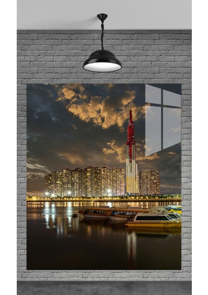 Muhteşem Akşam ve Şehir Temperli Cam Üzerine Tablo Sevgilinize Yılbaşı Hediye