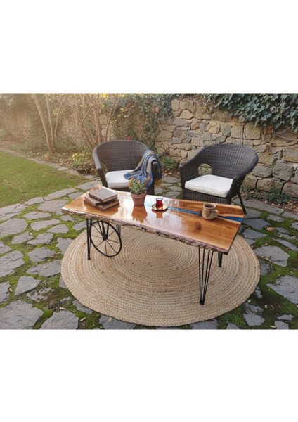 Ceviz Ağacından El Yapımı Ahşap Epoksi Tekli Dikdörtgen Sehpa -118*55 cm - Yükseklik 52 cm