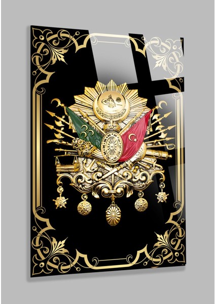 Gold Çerçeve Görünümlü Osmanlı Tuğrası 4mm Kırılmaz Temperli Yüksek Çözünürlüklü Cam Tablo