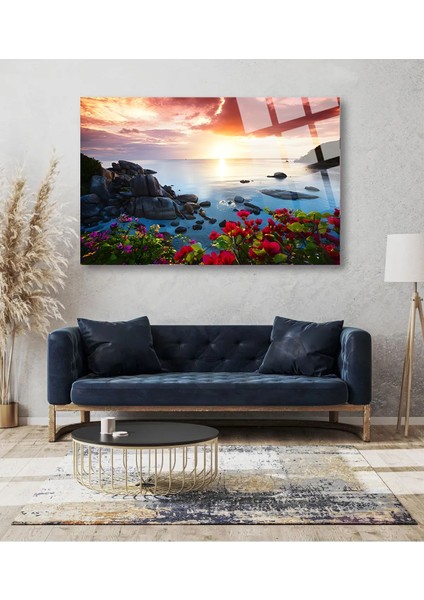 Gül ve Deniz Manzarası Kırılmaz Cam Tablo, Ev ve Ofis Hediyesi Yüksek Çözünürlüklü 4mm Lüks Tablo