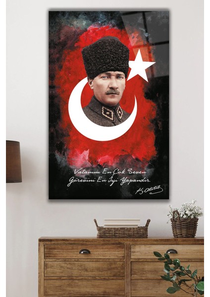 Atatürk Portresi Vatanını En Çok Seven Görevini En Iyi Yapandır Cam Tablo Duvar Dekoru, Hediyelik indirimleri