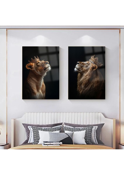 2 Parça Aslan Ailesi Kral Aslan ve Kraliçe Aslan Kırılmaz Cam Tablo Ev Hediyesi Iş Yeri Hediyesi modelleri