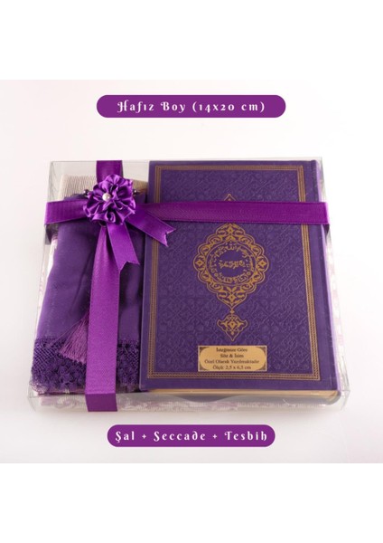Şal + Seccade + Tesbih + Kuran Hediye Seti (Hafız Boy, Termo Deri, Mor)