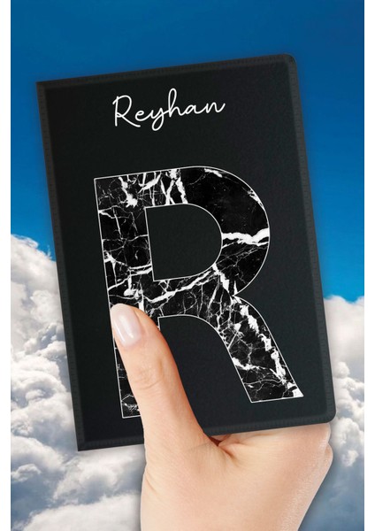 Isim Yazılı Pasaport Kılıfı Desenli Pasaport Kabı Kişiye Özel - R Harfi Mermer