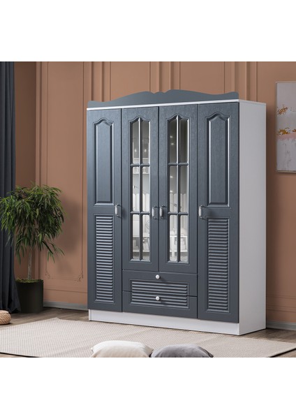 Mdf Gardırop, Country Kuzey 4 Kapaklı 2 Çekmeceli Aynalı Dolap, Antrasit