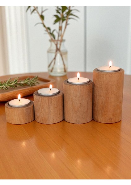 Ahşap Doğal Dekoratif Mumluk 4'lü Silindir Takım modelleri