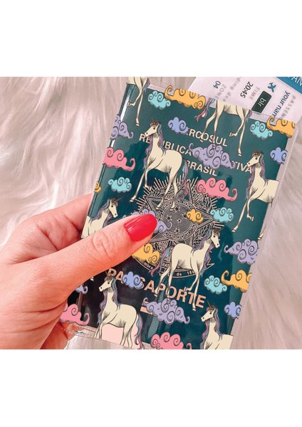 Tüm Ülke Pasaportları ile Uyumlu Şeffaf Pvc Baskılı Cepli Pasaport Kılıfı Kabı - Unicorn
