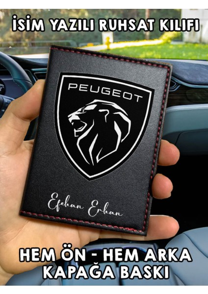 Peugeot Ön Arka Baskılı Oto Araç Ruhsat Kabı Kartlık Deri Isim Yazılı Kişiye Özel Cüzdan
