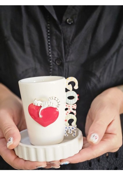 El Yapımı Isimli Kalpli Kedi Figürlü Fincan fiyatları