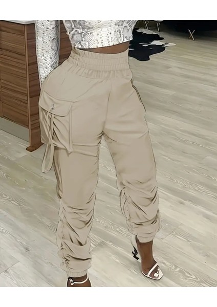 Kadın Yüksek Bel Beli Lastikli Kargo Cep Detaylı Gabardin Pantolon