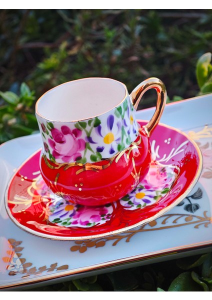 El Boyama Porselen Osmanlı Saray Kahve Fincanı-Kırmızı 1 Adet