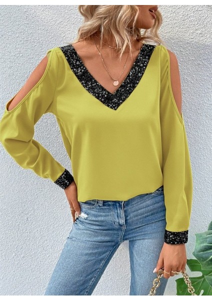Kadın Uzun Kollu V Yakalı Omuzlardan Açık Sandy Bluz modelleri