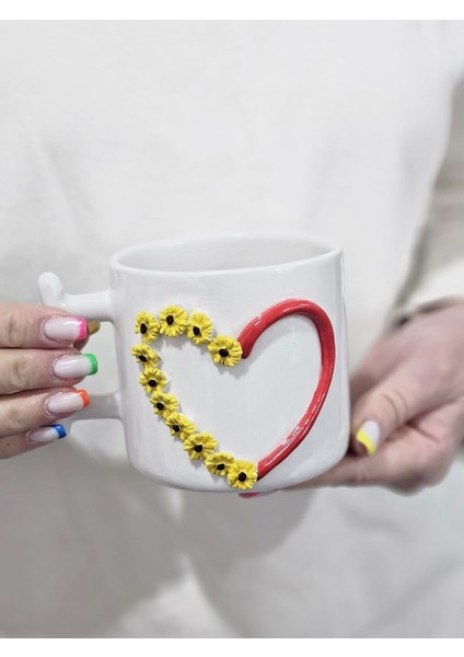 Büyük Boy 420ML Ayçiçeği Kalp Temalı Kupa