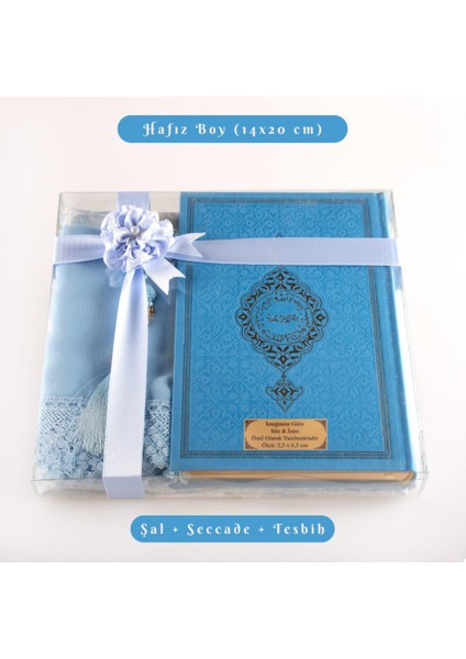 Şal + Seccade + Tesbih + Kuran Hediye Seti (Hafız Boy, Termo Deri, Açık Mavi)