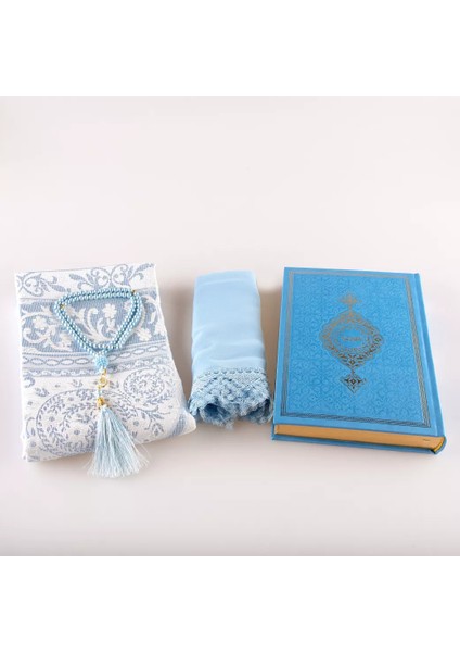 Şal + Seccade + Tesbih + Kuran Hediye Seti (Hafız Boy, Termo Deri, Açık Mavi) modelleri