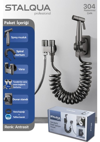 2 Metre Paslanmaz Çelik Banyo Bide Basınçlı Püskürtücü Taharet Musluğu Klozet Hortumu Antrasit - HL0036