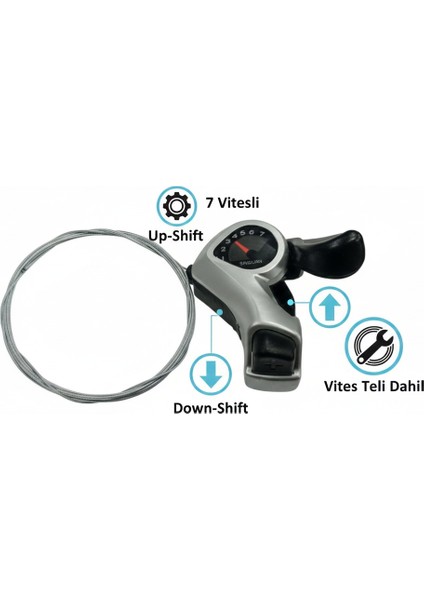 Sağ Vites Kolu 7 Vitesli - 7'li Bisiklet Arka Vites Aktarıcı Kolu - Vites Teli Dahil