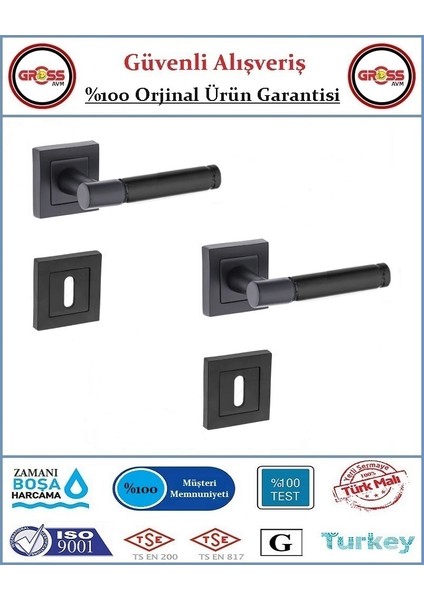 Rozetli İç Oda Kapı Kolu - Mat Siyah - 1 Takım Ön ve Arka