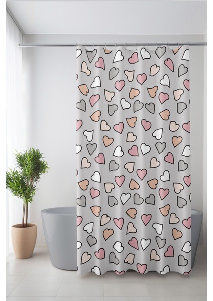 Banyo Perdesi, Gri Kalpler Desenli Duş Perdesi, Küvet Perdesi, Halka Hediyeli 175X200CM Bp-22