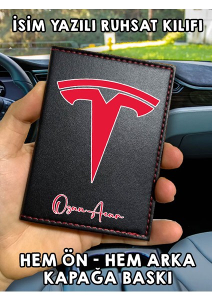Tesla Ön Arka Baskılı Oto Araç Ruhsat Kabı Kartlık Deri Isim Yazılı Kişiye Özel Cüzdan
