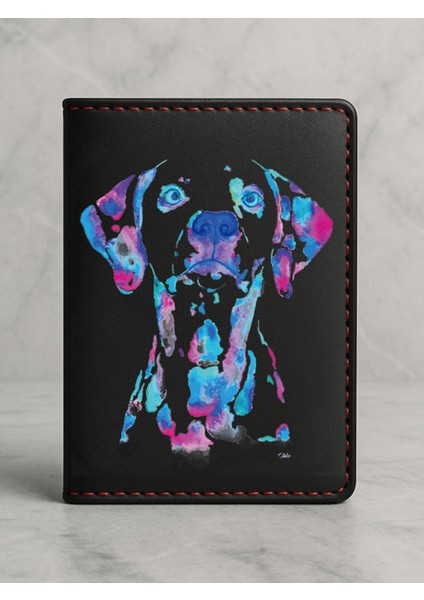 Ruhsat Koruyucu Baskılı Kart Bölmeli Siyah Vinlex Deri Ruhsat Kabı Kılıfı Suluboya Köpek