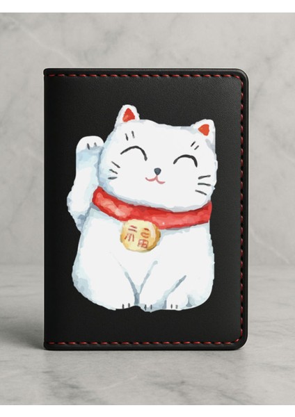 Ruhsat Koruyucu Baskılı Kart Bölmeli Siyah Vinlex Deri Ruhsat Kabı Kılıfı Japan Cat