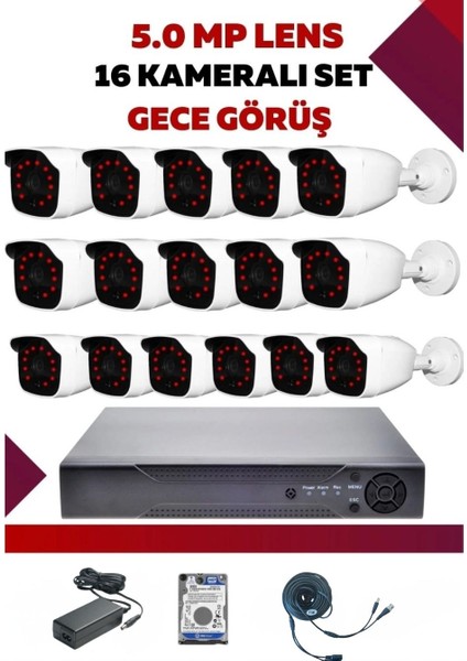 16 Kameralı Hd Set - 5mp Sony Lensli Full Hd Gece Görüşlü Güvenlik Kamerası Sistemi