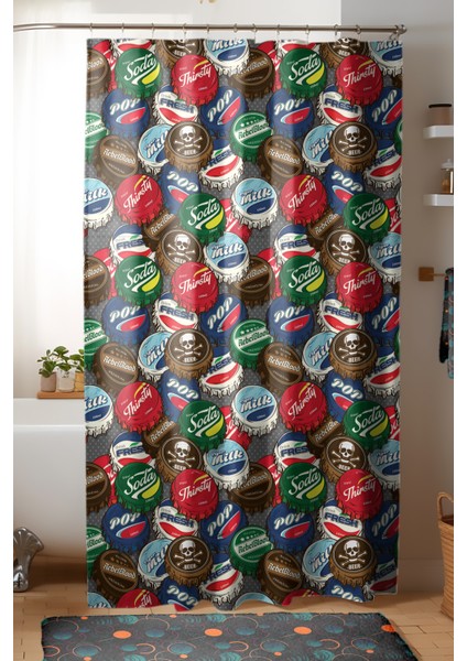 Banyo Perdesi, Gazoz Kapağı Desenli Duş Perdesi, Küvet Perdesi, Halka Hediyeli 175X200CM Bp-25