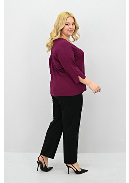 Kadın Büyük Beden Mor Bantlı V Yaka Bluz 1919-25 Şık Tasarım ve Rahat Kullanım