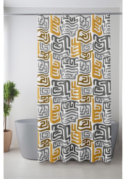 Banyo Perdesi, Ritmik Geometri Desenli Duş Perdesi, Küvet Perdesi, Halka Hediyeli 175X200CM Bp-79