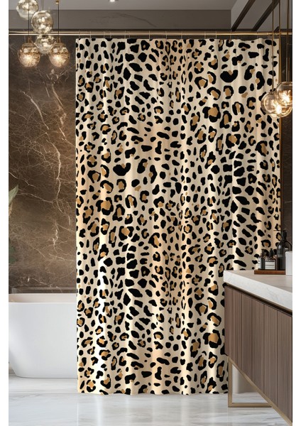 Banyo Perdesi, Leopar Desenli Duş Perdesi, Küvet Perdesi, Halka Hediyeli 175X200CM Bp-67