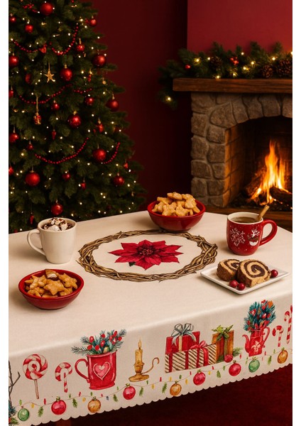 Yeniyıl Özel Tasarım Yılbaşı Temalı Leke Tutmaz Masa Örtüsü (150X220CM)