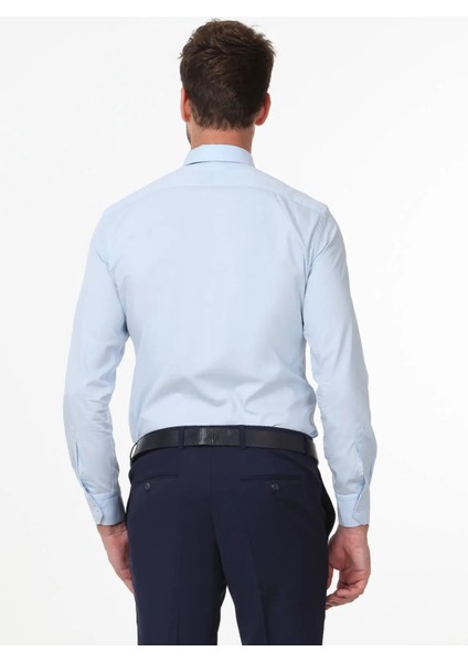 Mavi Düz Fitted Fit Dokuma Klasik Pamuk Karışımlı Gömlek