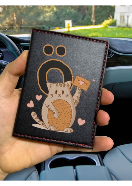 Ruhsat Kılıfı Deri Dikişli Desenli Oto Araba Motor Ruhsat Kabı Kılıfı Ö Harfi Kedili