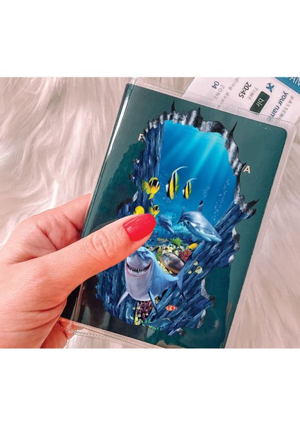 Tüm Ülke Pasaportları ile Uyumlu Şeffaf Pvc Baskılı Cepli Pasaport Kılıfı Kabı Okyanus
