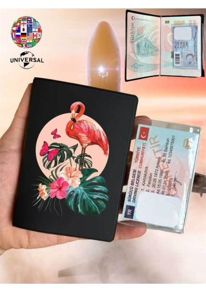 Flamingo Desenli Pürüzsüz Yüzey Deri Pasaport Kılıfı Kabı Tüm Ülke Pasaportlarına Uygun