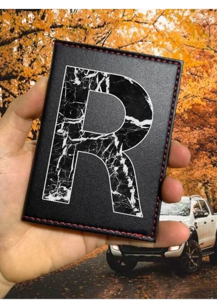 R Harfi Mermer Ruhsat Kabı Logolu Oto Ruhsat Kılıfı Vinleks Deri Dikişli Araç Ruhsat Koruyucu