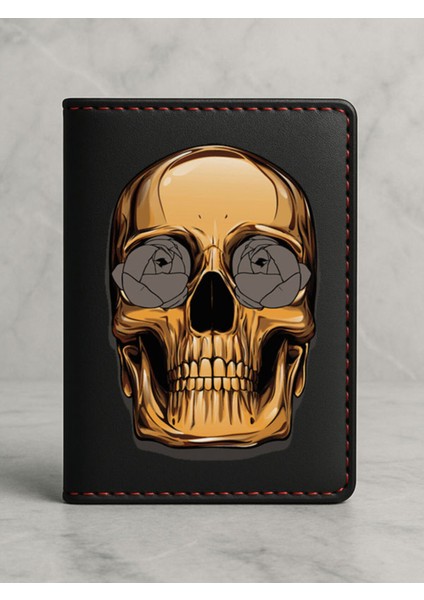 Ruhsat Koruyucu Baskılı Kart Bölmeli Siyah Vinlex Deri Ruhsat Kabı Kılıfı Altın Iskelet