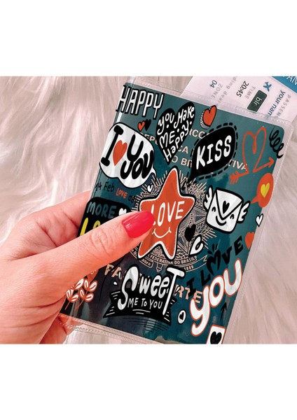 Tüm Ülke Pasaportları ile Uyumlu Şeffaf Pvc Baskılı Cepli Pasaport Kılıfı Kabı - Happy