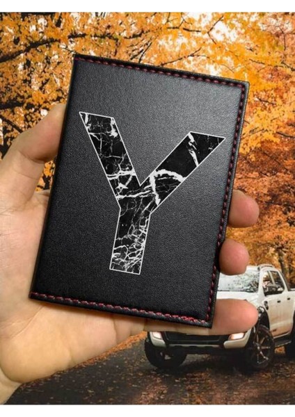 Y Harfi Mermer Ruhsat Kabı Logolu Oto Ruhsat Kılıfı Vinleks Deri Dikişli Araç Ruhsat Koruyucu