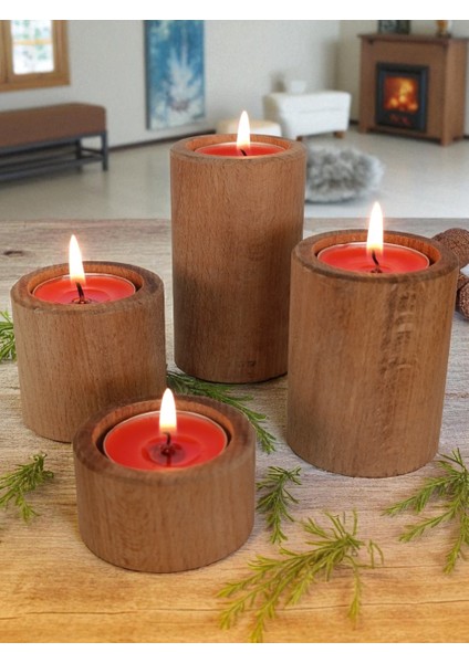 Ahşap Doğal Dekoratif Mumluk 4'lü Silindir Takım