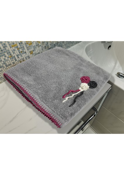 Çiçek Motifli, Kedi Tırnağı Oyalı, Yumuşak Dokulu Pamuklu Vücut Havlusu |gri |70X130 cm