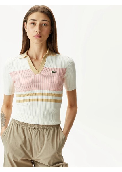 Kadın Slim Fit Renk Bloklu Beyaz Triko