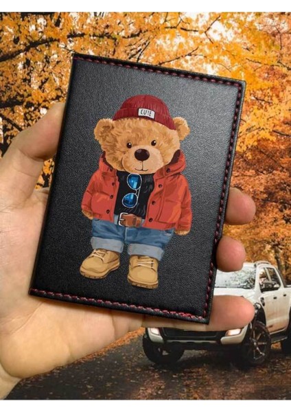 Lucky Bear Desenli Ruhsat Kabı Logolu Oto Ruhsat Kılıfı Vinleks Deri Dikişli Araç Ruhsat Koruyucu