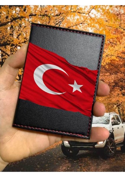 Türk Bayrağı Desenli Ruhsat Kabı Logolu Oto Ruhsat Kılıfı Vinleks Deri Dikişli Araç Ruhsat Koruyucu